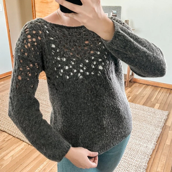 Eileen Fisher Wool Mohair Blend Gray Scoop Neck Crochet Knit Pullover Sweater L - Picture 1 of 8
